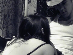 Bruinharig, Sperma shot, Sperma in gezicht, Ondergoed, Tatoeage