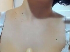 아마추어, 큰 가슴, 흑갈색 머리, 딜도, 페티쉬, 랑제리