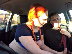 Redhead Examiner fingers her hairy pussy while instructing in car POV