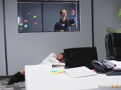 Eager ebony with big boobs gets fucked all over the office