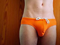 TheOldBigThings Big Cock Bulges in Orange Swim Trunks