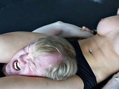 Sporty topless woman vs man