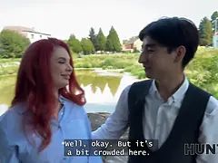 Hunt4k. slutty red haired Miss Olivia used her Natural Tits and perfect figure to tempt a producer in public