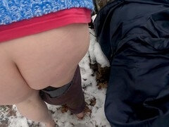 Dominating her by spanking and slamming her pussy in the wintry outdoors