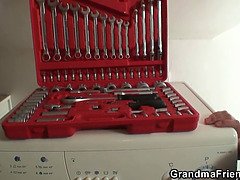 Old grandma takes two dicks from both sides