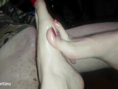 Red Nail Polish Toes Massaging Cock Lovingly - Footjob with Cumshot on Feet
