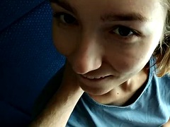 Double cum in mouth of cutie train traveler