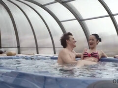 18, 흑갈색 머리, 귀여운, 체코인, 여자, 풀, 수영복, 청소년