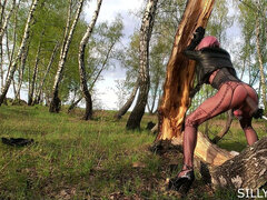 Sissy Stacy Walking Outdoor and Play with Huge Dildo