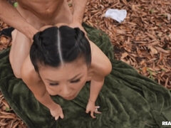 Trespassing her Wet Asian Pussy - pigtailed brunette fucked outdoors w Lulu Chu