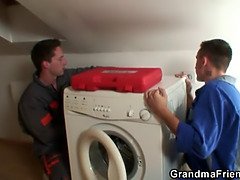 Old bitch enjoys two cocks and dildo