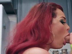 Raunchy redhead lady in pink lingerie craves for hot fucking