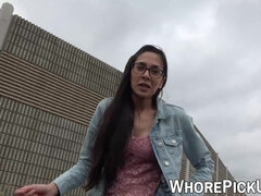 Nerdy looking whore doggystyle fucked after blowjob in car