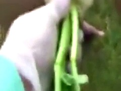 Walking on all fours with radishes in the ass