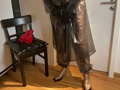 Red Mules Cum and Plastic Fetish Outfit