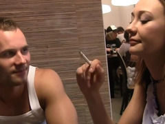 십팔년, 오랄섹스, 지저분한, 잡년, 스타킹, 쓰리섬, 화장실, 매춘부