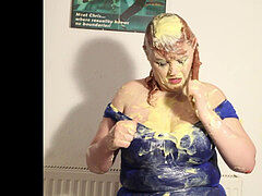 plumper gets pied numerous times in taut blue dress