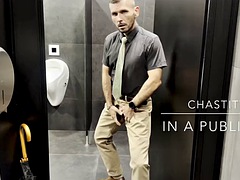 Gentleman in suit spreads legs like a slut and plays with her pussy with locked cock