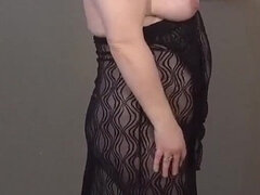 Sexy Wife Dancing in Striptease in Long Black Lace Night Dress