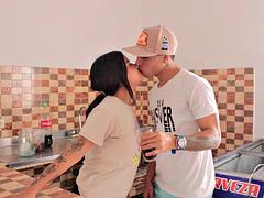 THREESOME WITH BIG ASS HER STEPBROTHER AND BOYFRIEND FUCK HER, FILL HER WITH MILK AND GIVE HER HARD