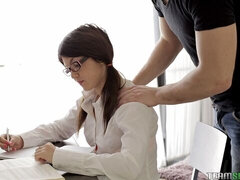 An awesome young brunette Mackenzie is jumping on a large dick