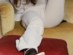 Skinny Secretary Kerry - Nylon Footplay & Shoeplay in Cream Sandals