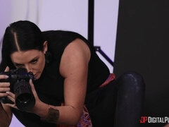 Lesbian Demi Sutra gets her both holes eaten at a photoshoot