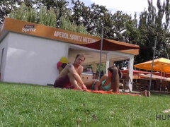 Petite Czech couple Susan Ayn and Hunter fuck on public beach in POV