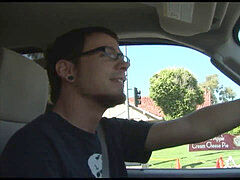 Geeky babe with glasses gets rigid screw on the couch