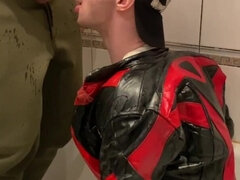 Big Man in Leather Jacket Pissing on Leather Moto Biker