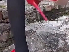 아마추어, 쿠거, 힐, 나이든, 야외의, 팬티호스, 스커트, 혼자