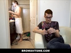 Nerdy twink stepbrother Alex Meyer gets it in the bathroom from older straight brother Darron Bluu