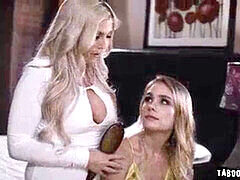 Lustful blondes Christie Stevens and Natalie Knight share lucky guy's cock in hot threesome