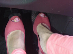 Barefoot Driving and Revving in Vivid Pink High Heeled Sandals