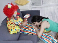 Clothed clown fucks the brunette MILF as an apology for lateness