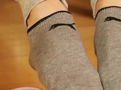 Dirty Grey Sneaker Socks in Pink Clogs - Casual Foot Tease