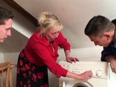 A duo repairmen fuck old blonde grandma