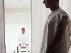 The apprentice moans from the hard cock of the master