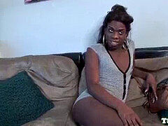 Ebony tranny disrobes and jerks off at audition