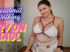 Treadmill Lingerie Tease - Walking in Cute Home Outfits with Bounce & Jiggling