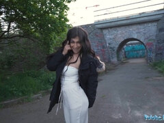 Watch Alicia Trece, a Colombian babe, get her pussy pounded in public & take a cumshot on her tits