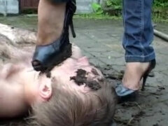 Slave cleaning dirty heels & getting humiliated in a mud bath outdoors