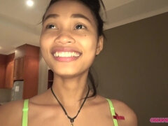 Sweet Asian teen in fishnets in amateur hardcore action with cumshot