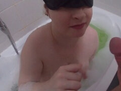 Naughty wife gives deepthroat blowjob and swallows cum in the bathtub