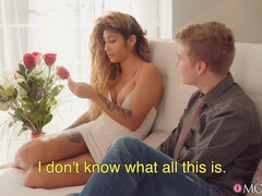 침실, 금발의, 오랄섹스, 흑갈색 머리, 사정 샷, 힐, 청바지, 밀프