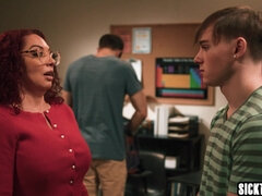 Big tits teacher fucks two students