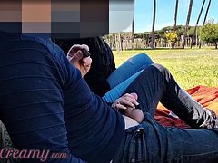 French teacher amateur handjob in public park to student with cumshot - MissCreamy