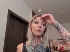 Blonde inked babe Nayomi Sharp gives pov blowjob and gags on Sascha's massive cock