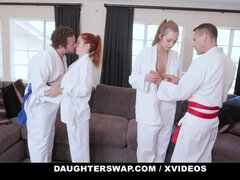 DaughterSwap - Teen Blonde (Ashley Red) And Redhead (Luna Light) Suck Off Their Stepdads Together