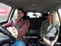 Busty instructor MILF fucked by driver in car POV